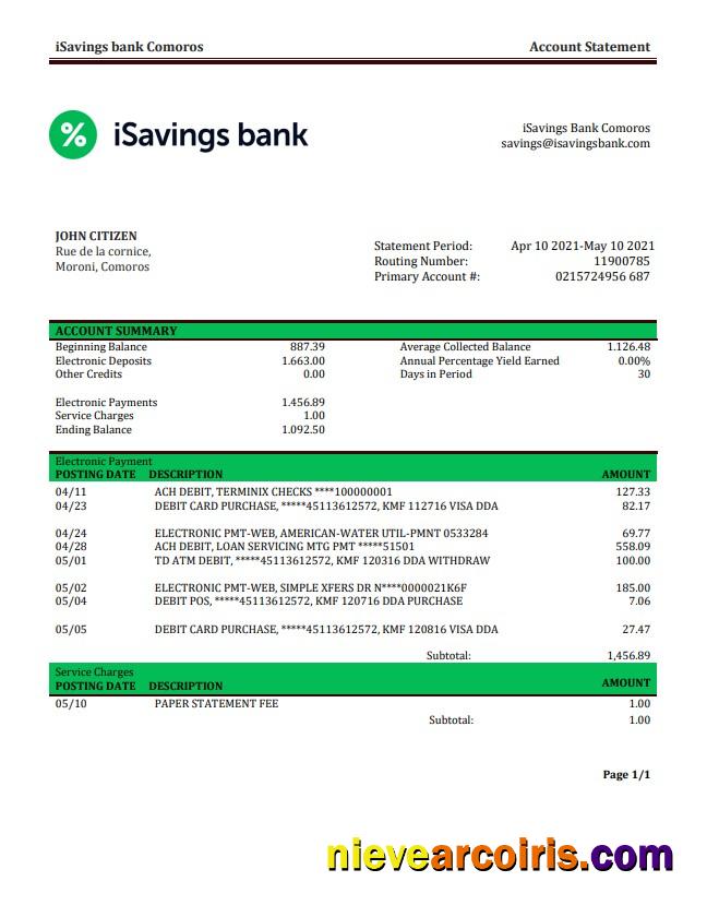 Comoros iSavings bank statement